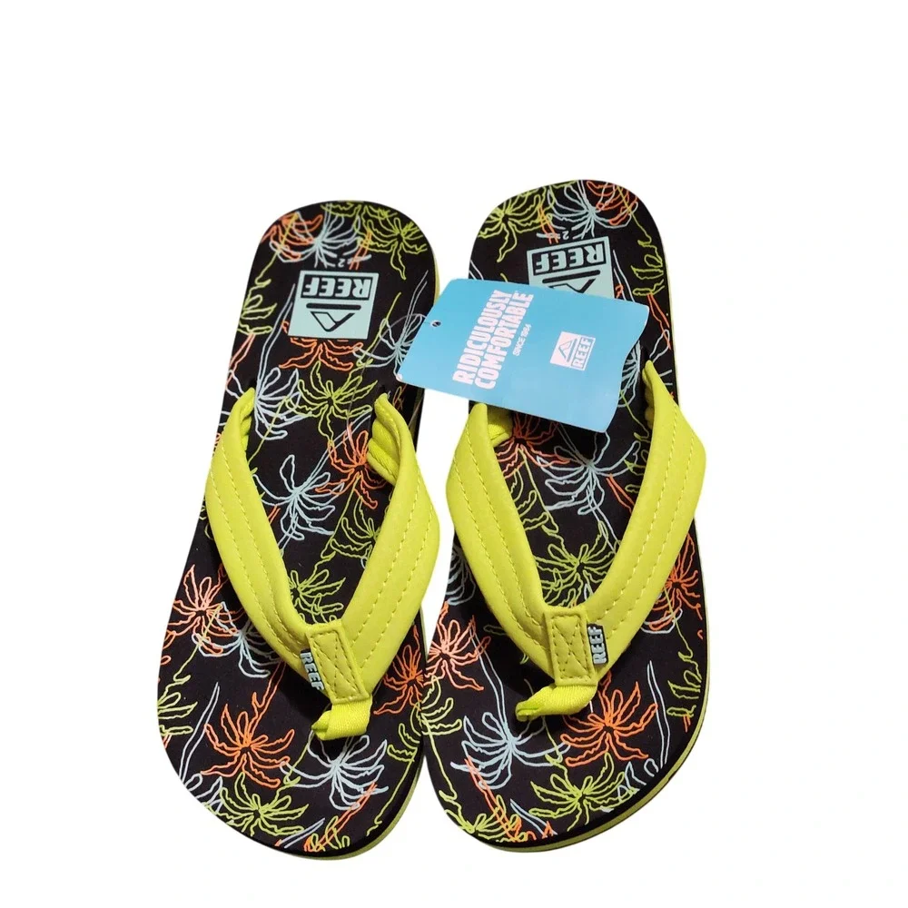 Reef Flip Flops Kids Size 1/2 Black Lime Green NWT Palm Tree Tropical Sandals